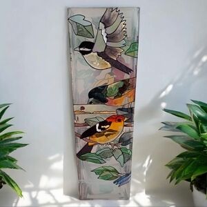 Hand Painted glass bird vase 10" Hand made faux stained glass cardinal blue jays